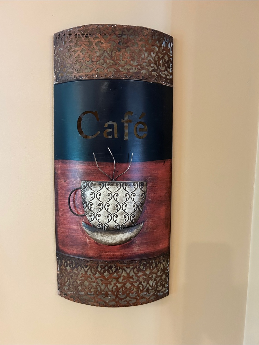 Decorative Metal Café Wall Sign - Red, Black & Silver Coffee Cup Accent